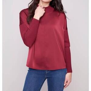 NEW CHARLIE B mock neck satin knit top in cabernet